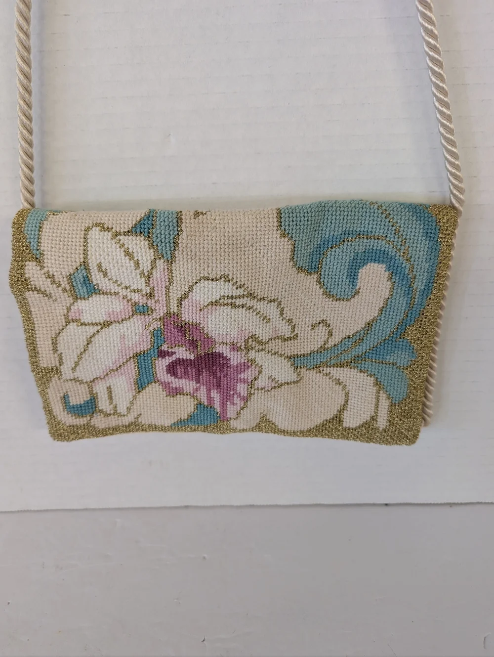Crossbody Bag in Cream, Teal & Pink Hand Crafted.